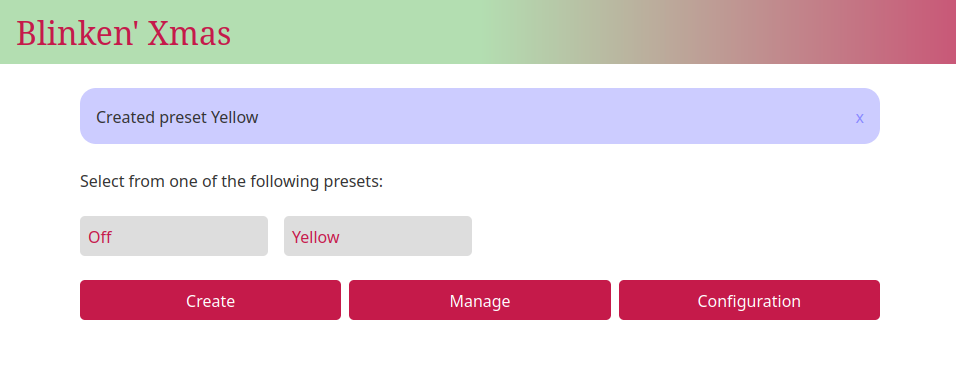The Blinken' Xmas main page showing the "Off" and "Yellow" presets.