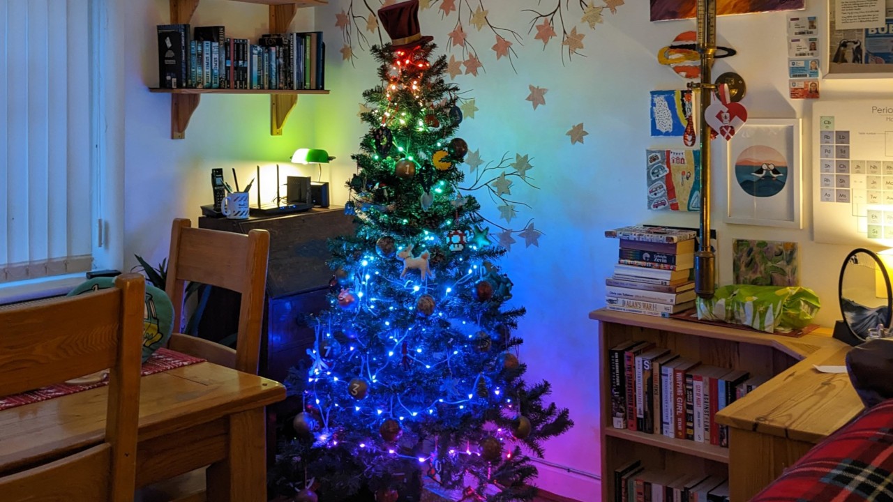 The 250 neopixies of the Asda 6ft Green Christmas Tree display a tasteful rainbow over the height of the tree.