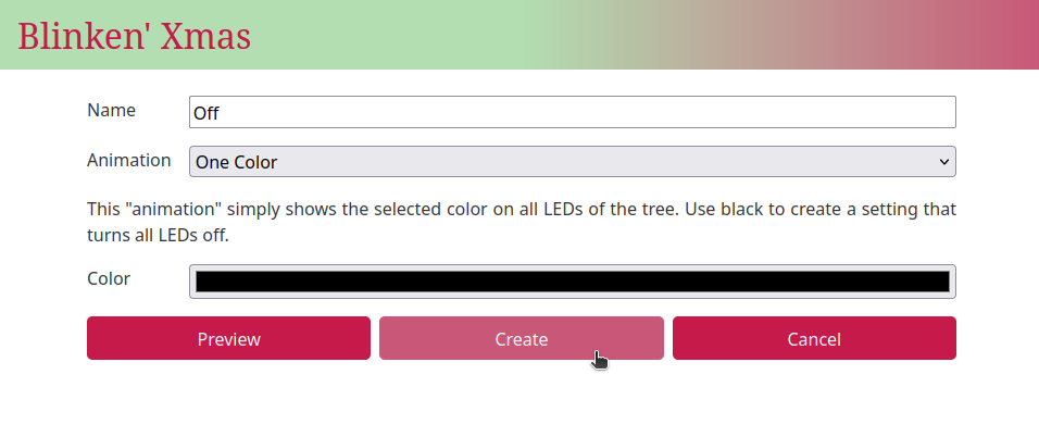 The Blinken' Xmas preset creation page showing the most basic layout of name, animation, and color options.